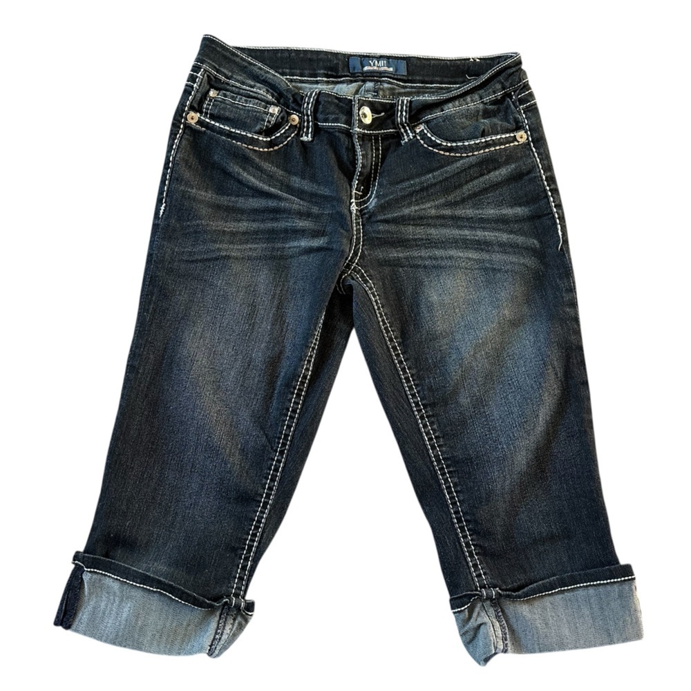 Y2K YMI Low Rise Capri Jeans Dark Wash Embellished Pocket Cropped Denim Size 9